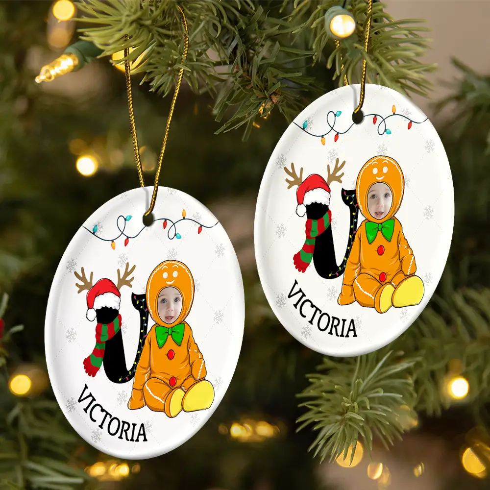 Custom Photo Baby Christmas Costumes Monogram - Personalized Circle Ceramic Ornament - Image 3