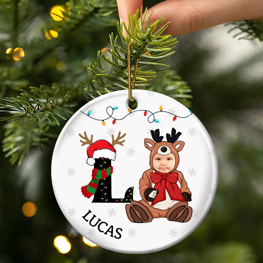 Custom Photo Baby Christmas Costumes Monogram - Personalized Circle Ceramic Ornament - Image 4
