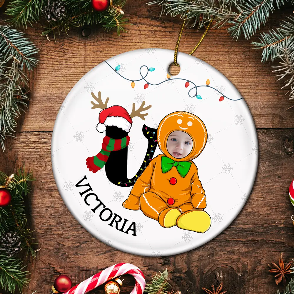 Custom Photo Baby Christmas Costumes Monogram - Personalized Circle Ceramic Ornament - Image 6