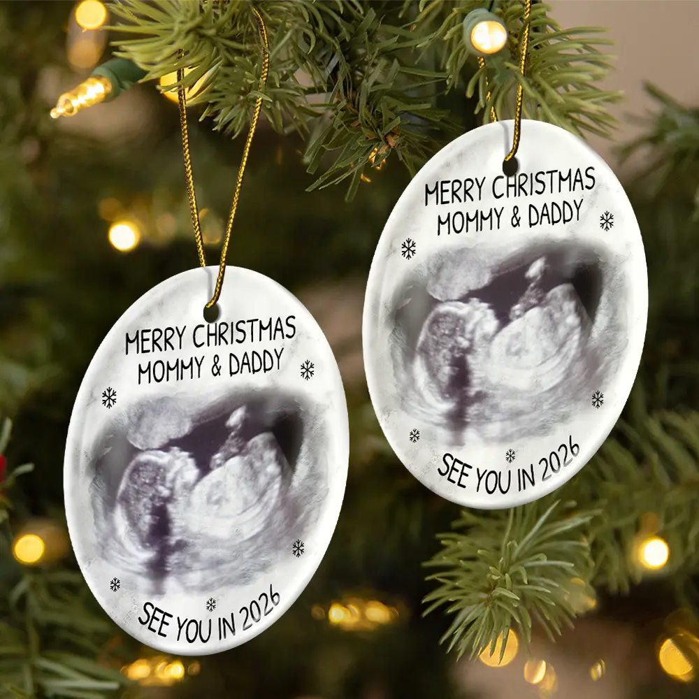 Custom Photo Baby Expecting See You In 2026 - Personalized Circle Ceramic Ornament - Image 2