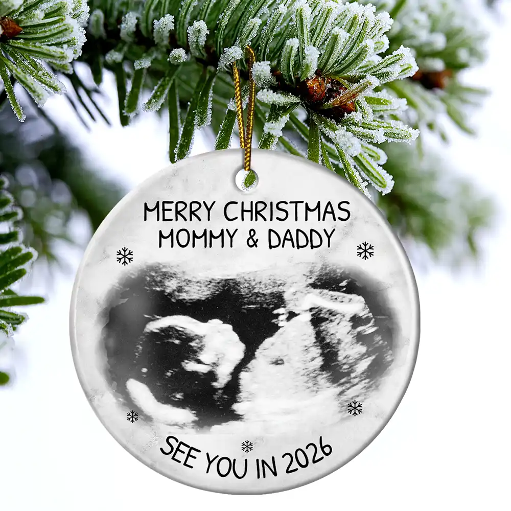 Custom Photo Baby Expecting See You In 2026 - Personalized Circle Ceramic Ornament - Image 4