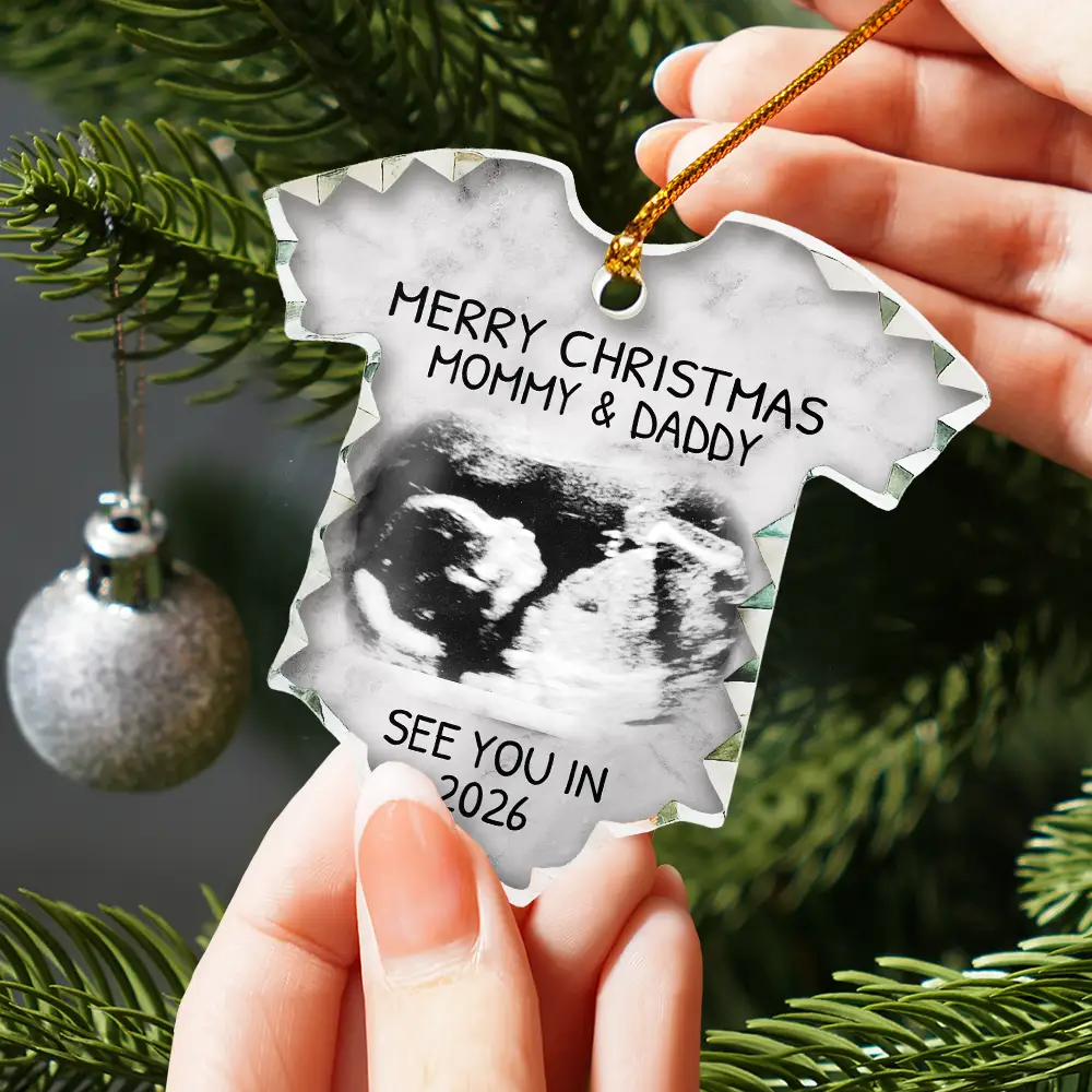 Custom Photo Baby Expecting See You In 2026 - Personalized Onesie Shaped Glass Ornament - Image 2
