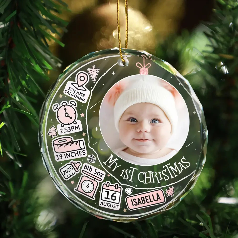 Custom Photo Baby First Christmas Information Icon - Personalized Circle Glass Ornament - Image 3