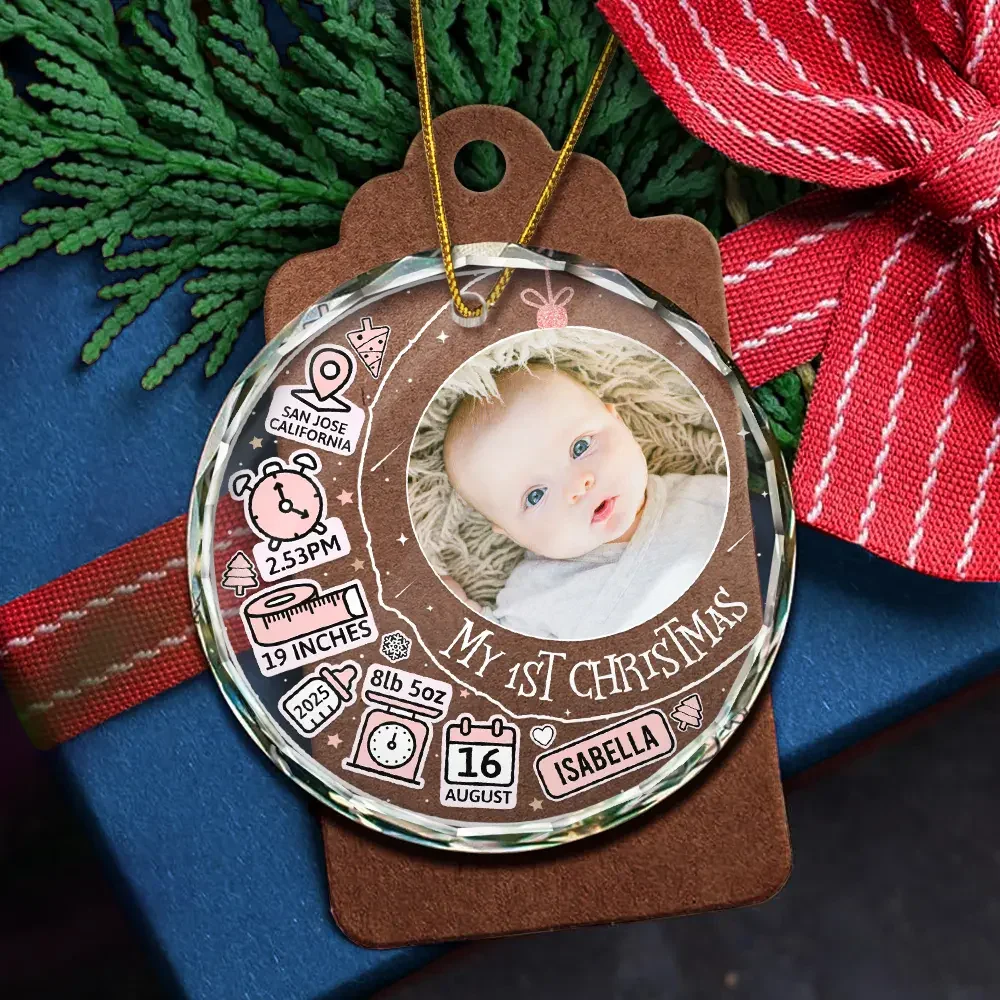 Custom Photo Baby First Christmas Information Icon - Personalized Circle Glass Ornament - Image 5