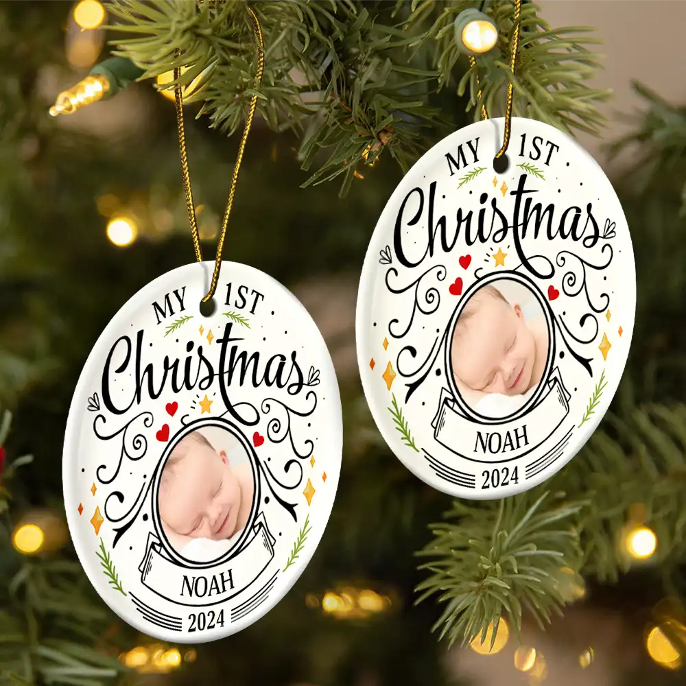 Custom Photo Baby First Christmas Parents - Personalized Circle Ceramic Ornament - Image 2