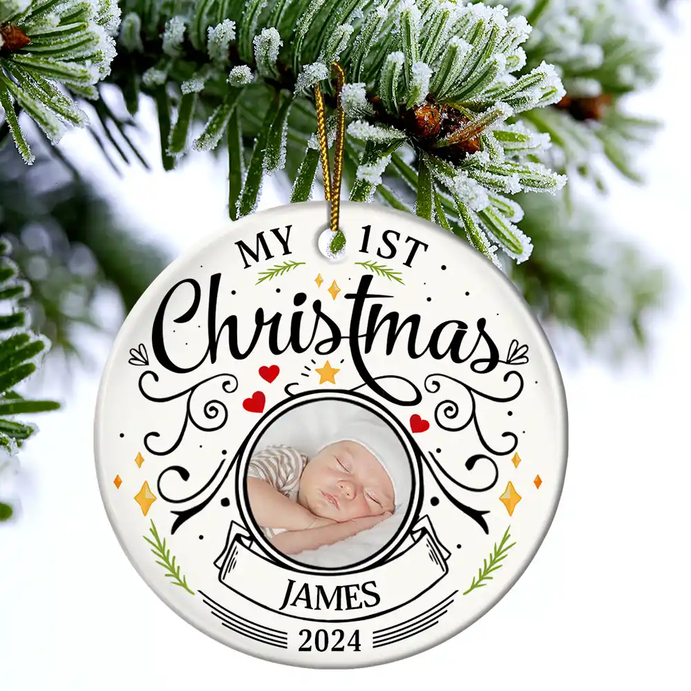 Custom Photo Baby First Christmas Parents - Personalized Circle Ceramic Ornament - Image 4