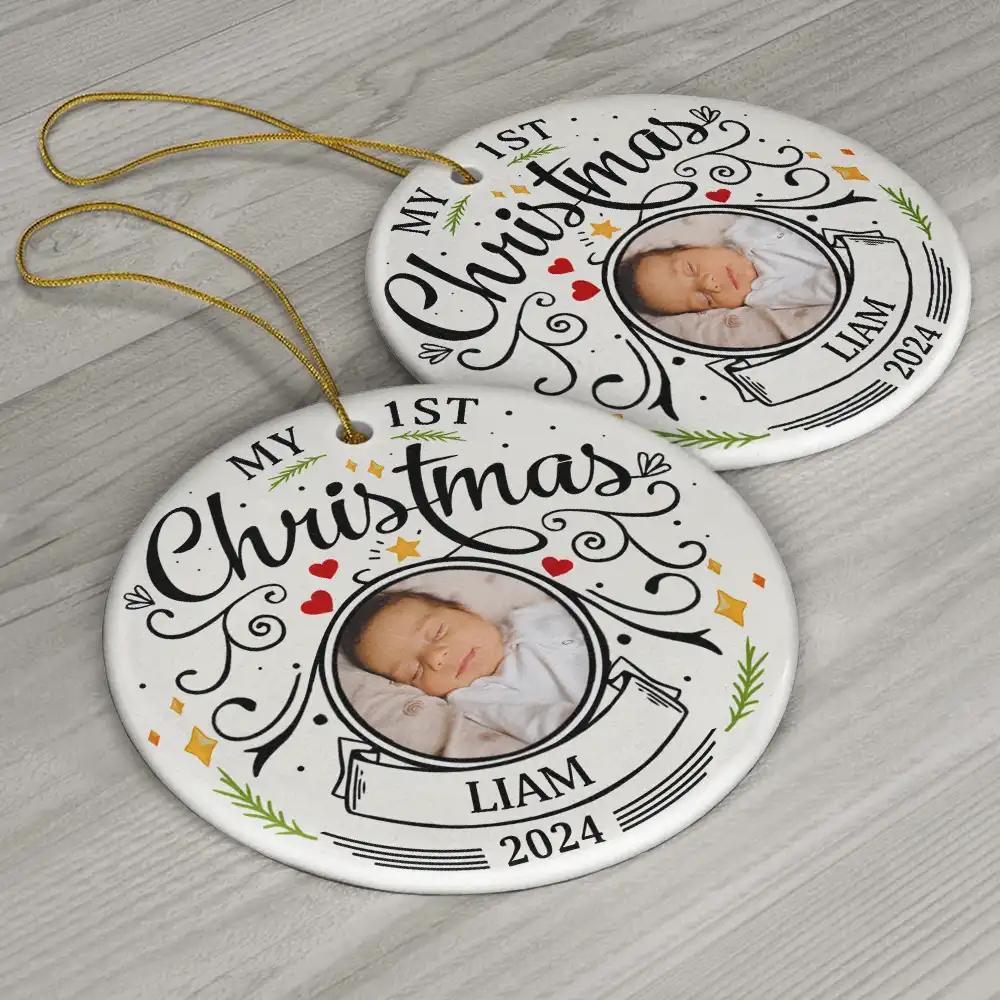 Custom Photo Baby First Christmas Parents - Personalized Circle Ceramic Ornament - Image 6