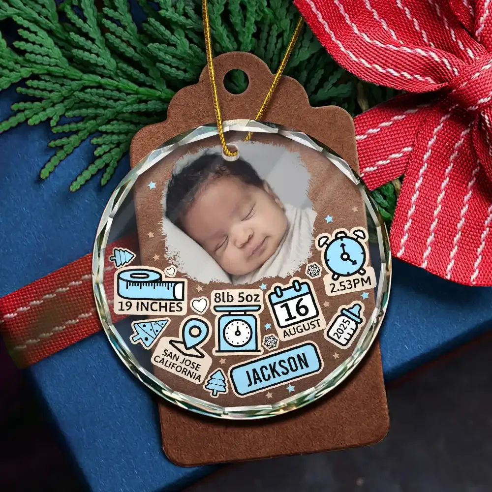 Custom Photo Baby First Christmas - Personalized Circle Glass Ornament - Image 5