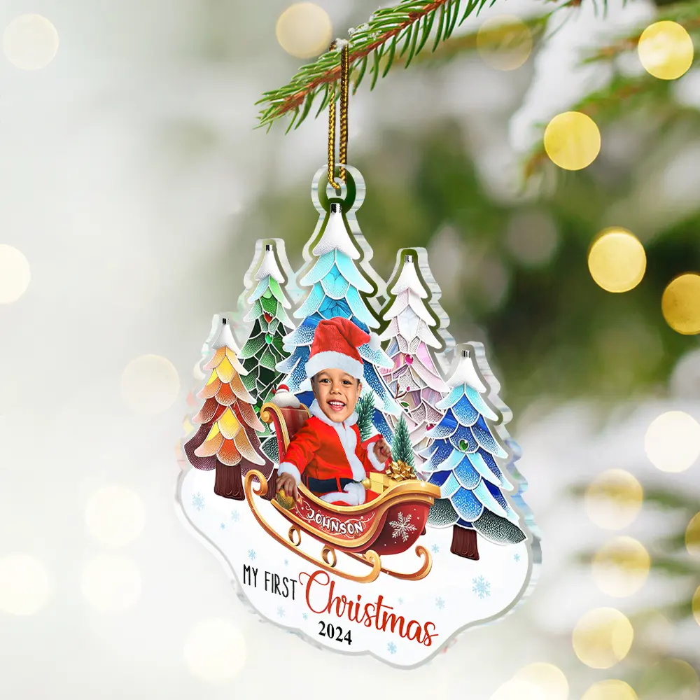 Custom Photo Baby In Sleigh First Christmas - Personalized Custom Shaped Acrylic Ornament - Image 3