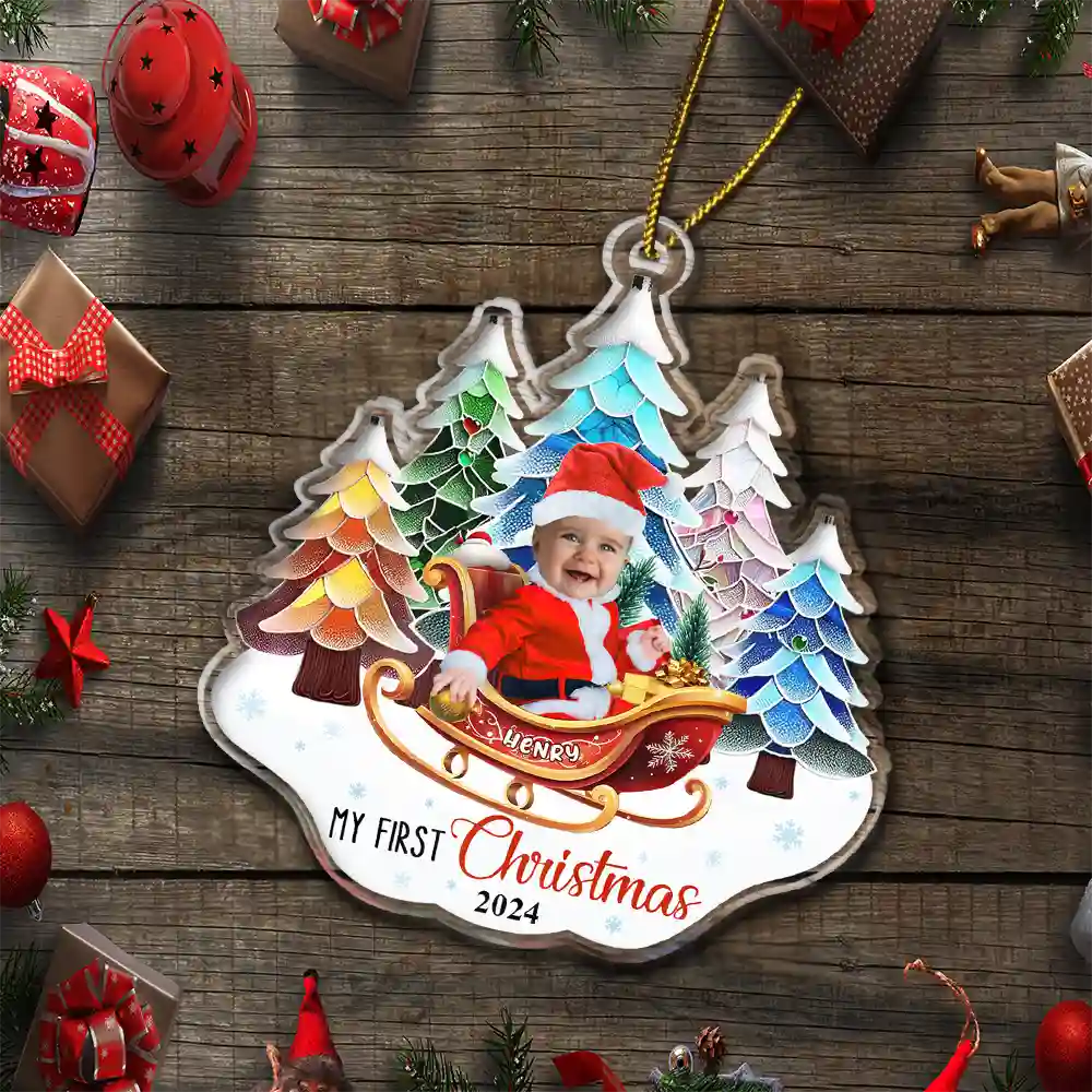 Custom Photo Baby In Sleigh First Christmas - Personalized Custom Shaped Acrylic Ornament - Image 6