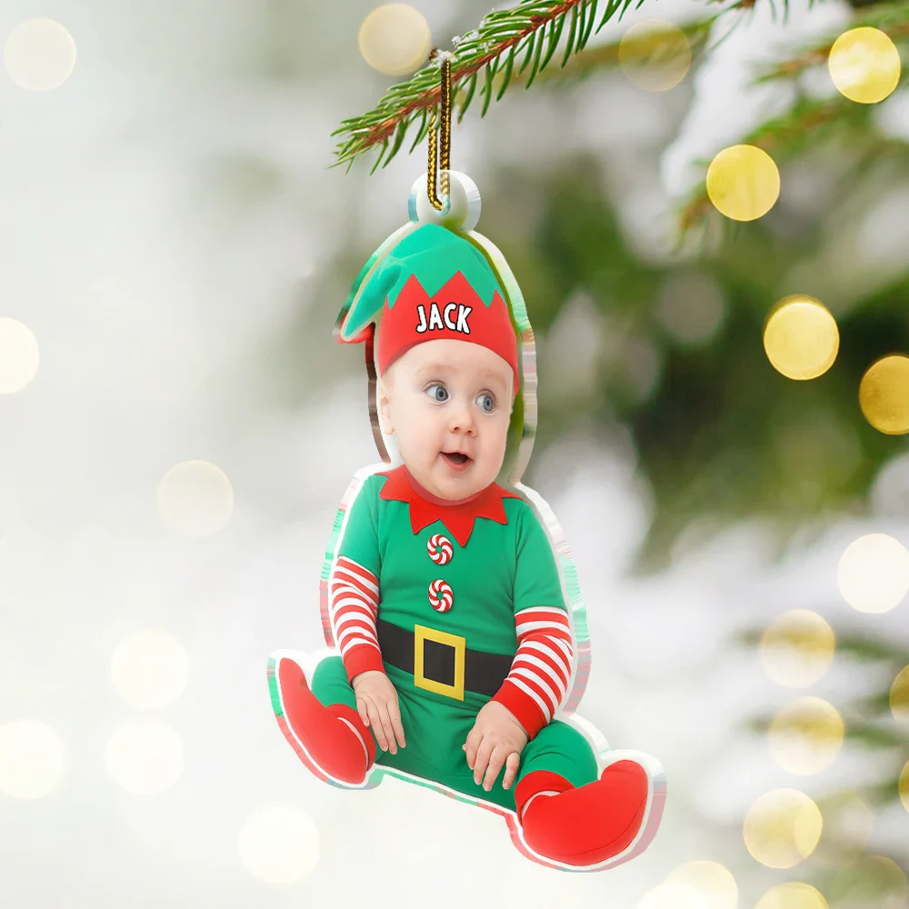 Custom Photo Baby Newborn In Elf Costume - Personalized Custom Shaped Acrylic Ornament - Image 3