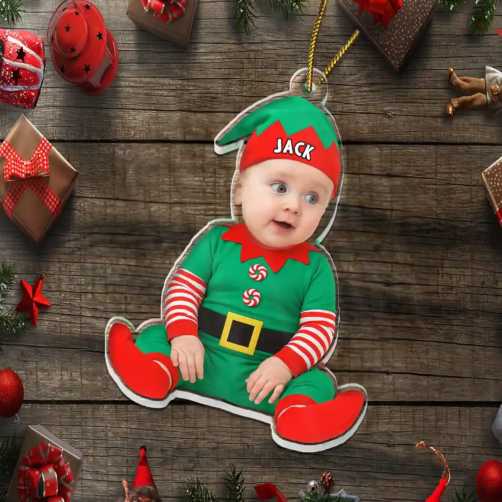 Custom Photo Baby Newborn In Elf Costume - Personalized Custom Shaped Acrylic Ornament - Image 6
