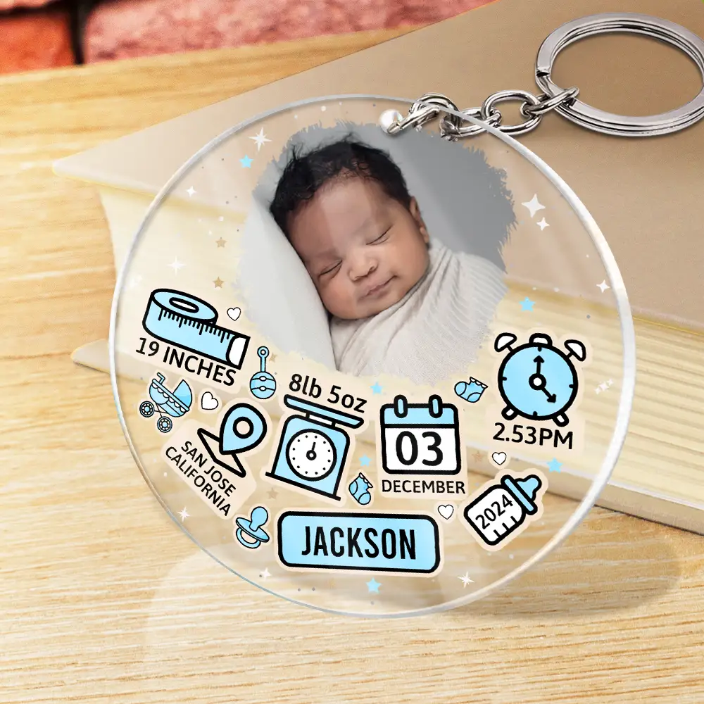 Custom Photo Baby Newborn Information Icon - Personalized Acrylic Keychain - Image 2