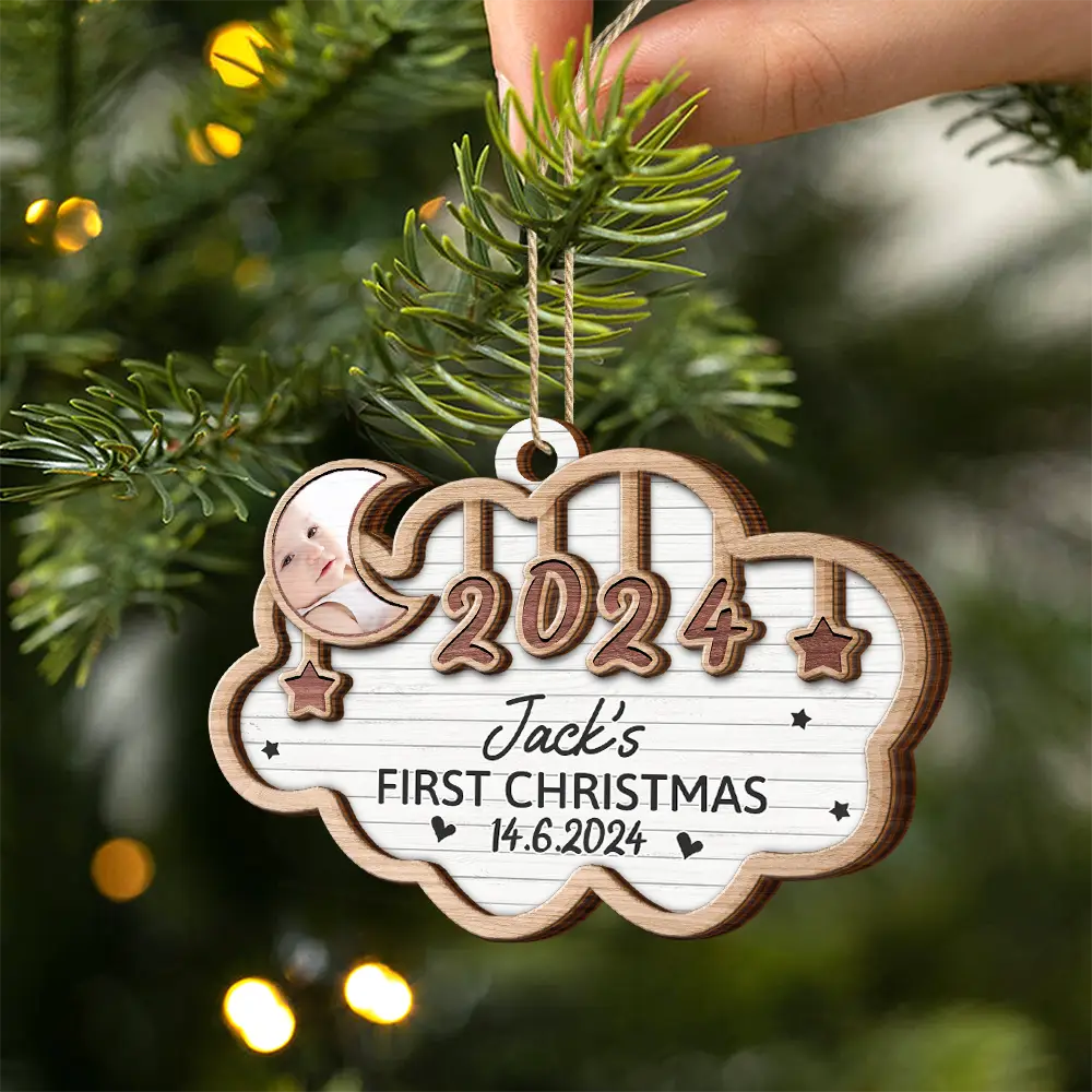 Custom Photo Baby's First Christmas 2024 - Personalized 2-Layered Wooden Ornament - Image 2
