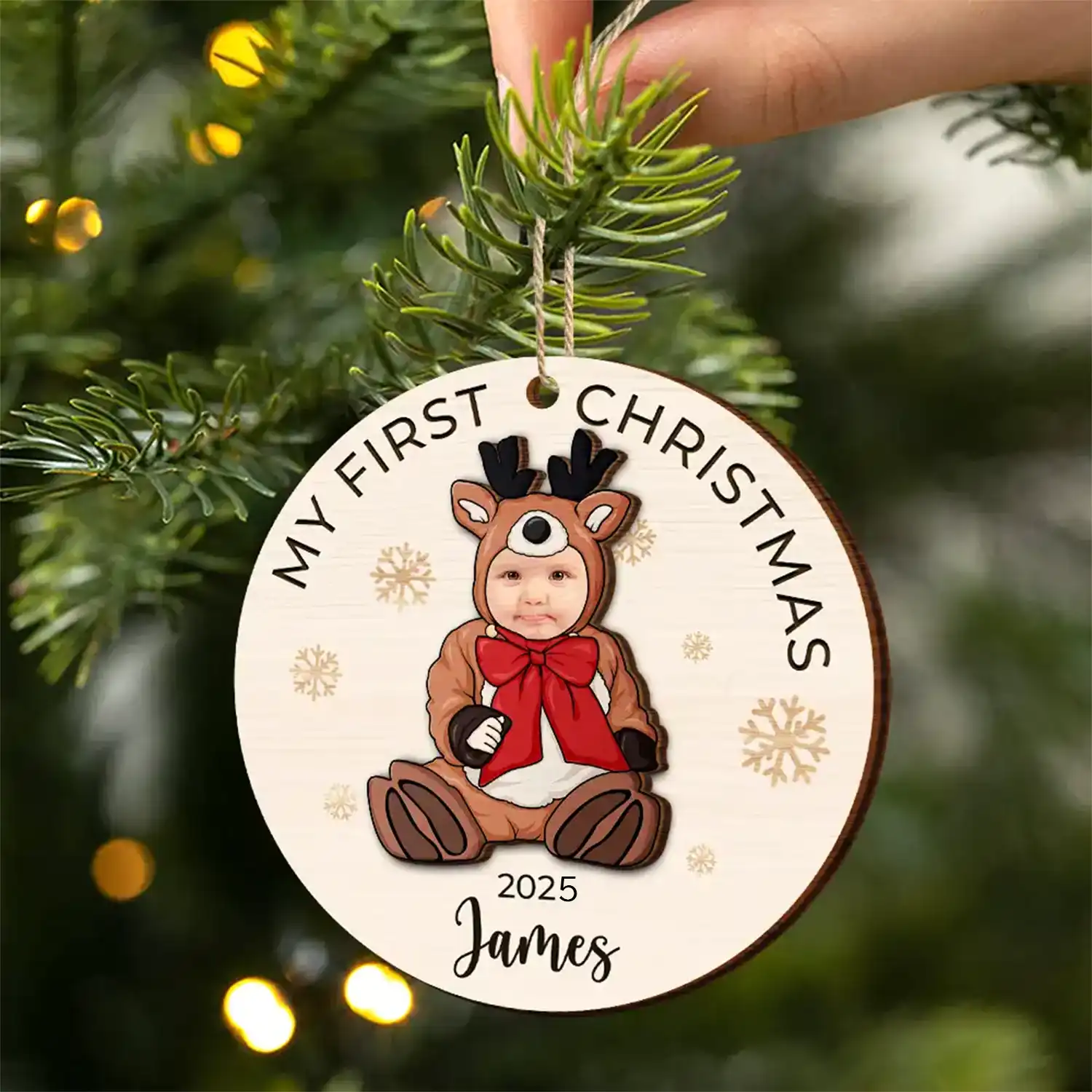 Custom Photo Baby's First Christmas Costumes - Personalized 2-Layered Wooden Ornament - Image 3