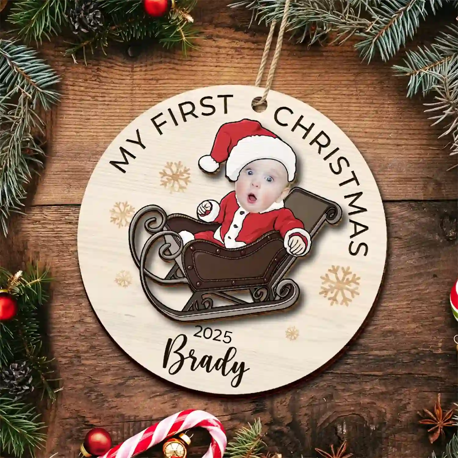 Custom Photo Baby's First Christmas Costumes - Personalized 2-Layered Wooden Ornament - Image 5