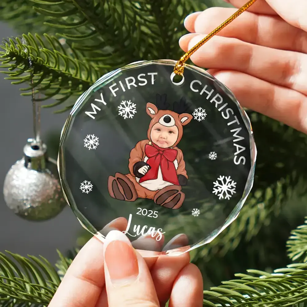 Custom Photo Baby's First Christmas Costumes - Personalized Circle Glass Ornament - Image 3