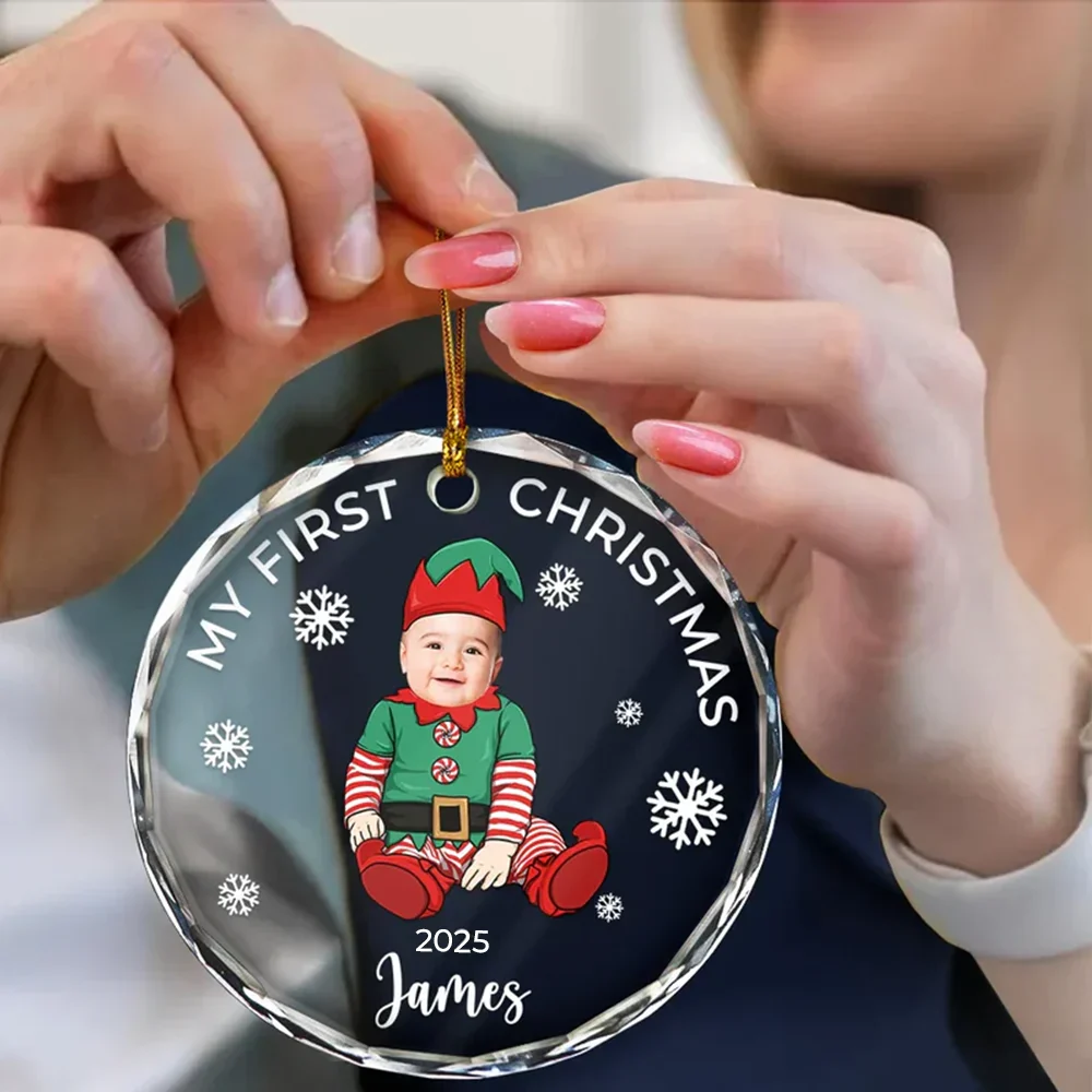 Custom Photo Baby's First Christmas Costumes - Personalized Circle Glass Ornament - Image 5