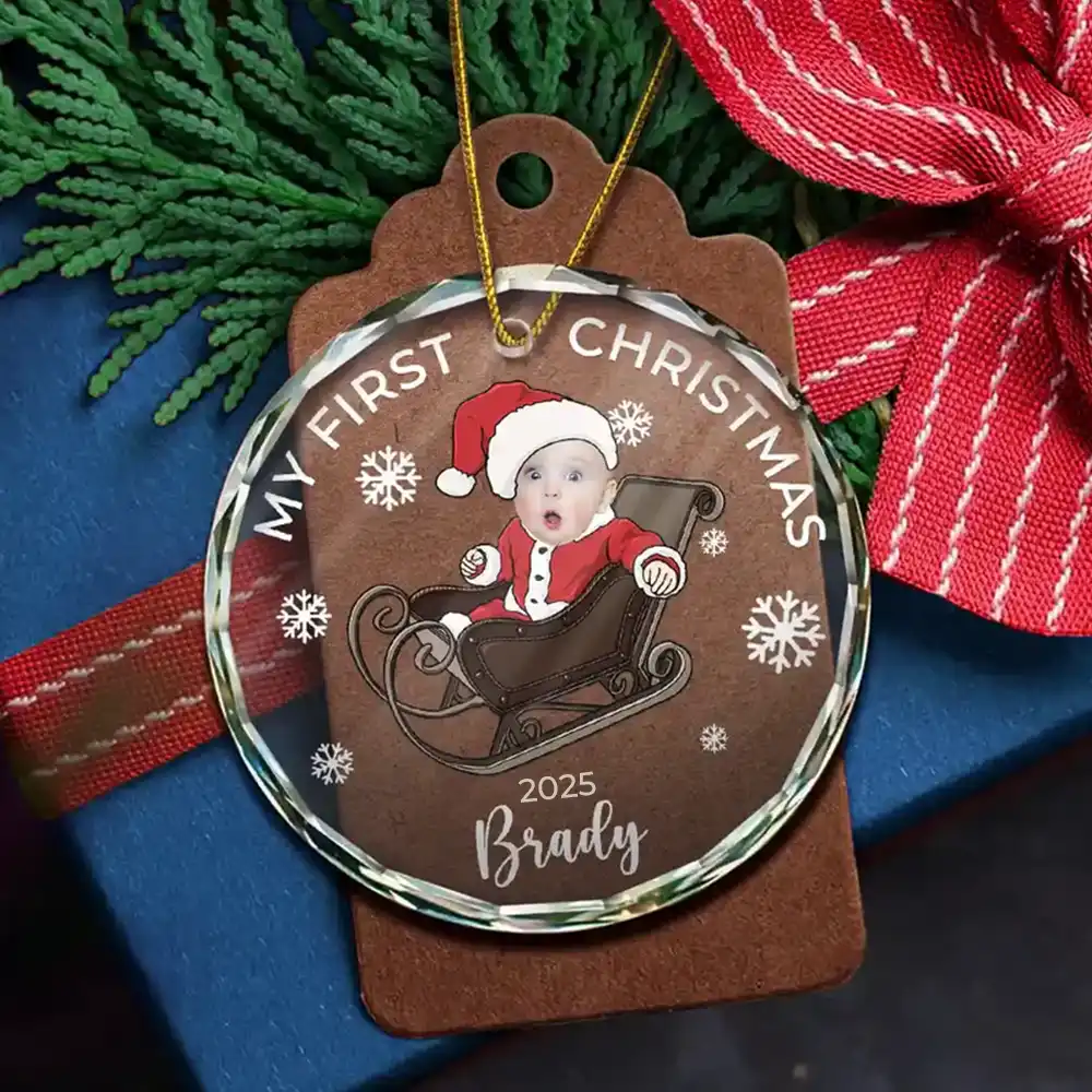 Custom Photo Baby's First Christmas Costumes - Personalized Circle Glass Ornament - Image 6
