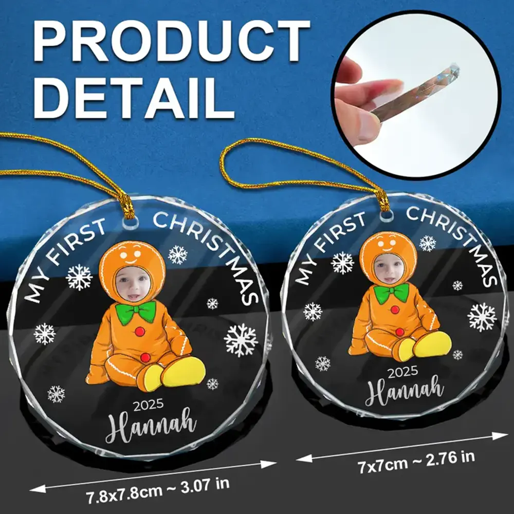 Custom Photo Baby's First Christmas Costumes - Personalized Circle Glass Ornament - Image 7