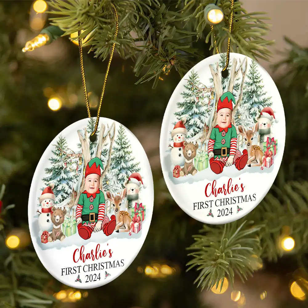 Custom Photo Baby's First Christmas Funny Face - Personalized Circle Ceramic Ornament - Image 3
