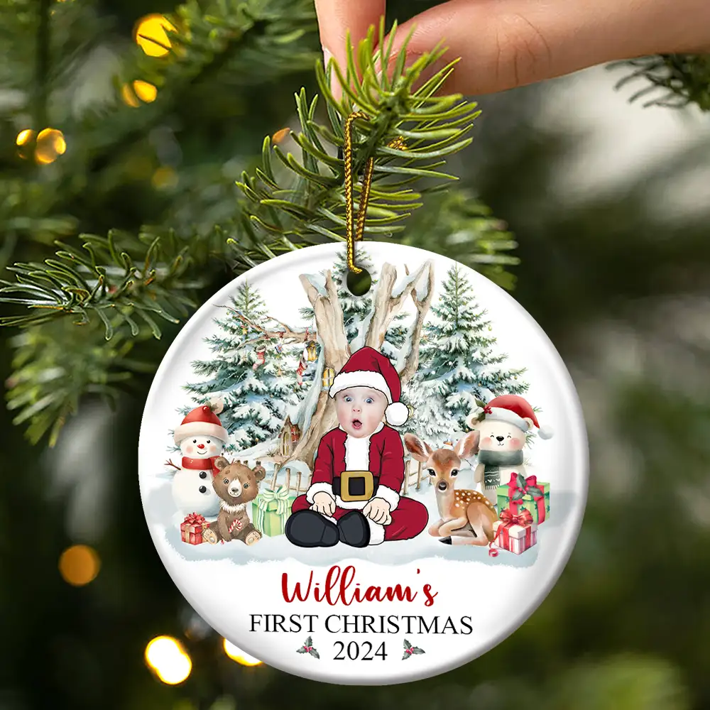 Custom Photo Baby's First Christmas Funny Face - Personalized Circle Ceramic Ornament - Image 4