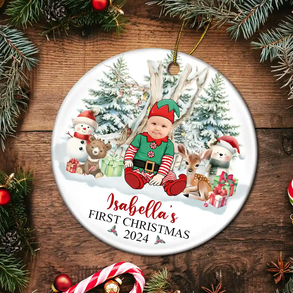 Custom Photo Baby's First Christmas Funny Face - Personalized Circle Ceramic Ornament - Image 6