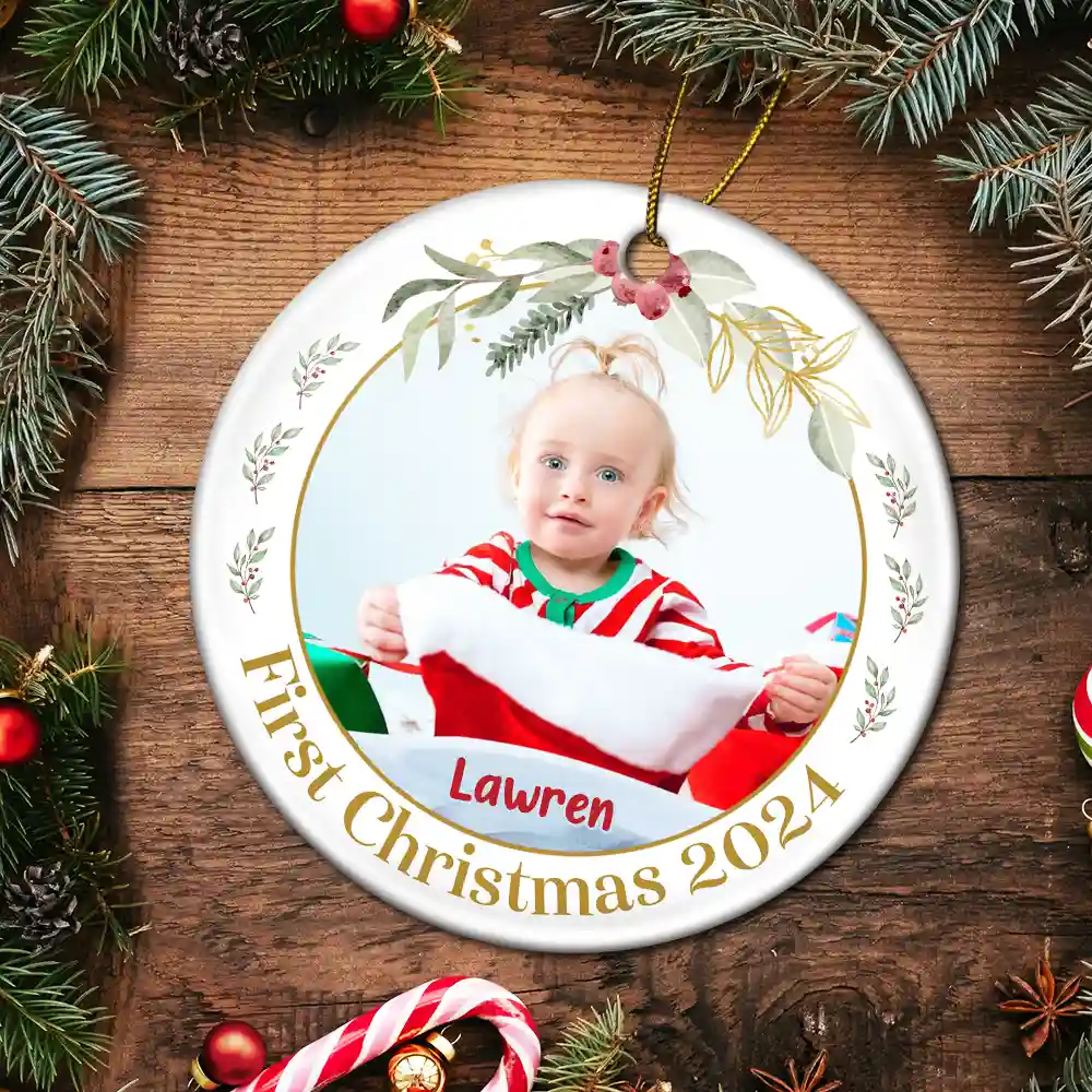 Custom Photo Baby's First Christmas - Personalized Circle Ceramic Ornament - Image 5