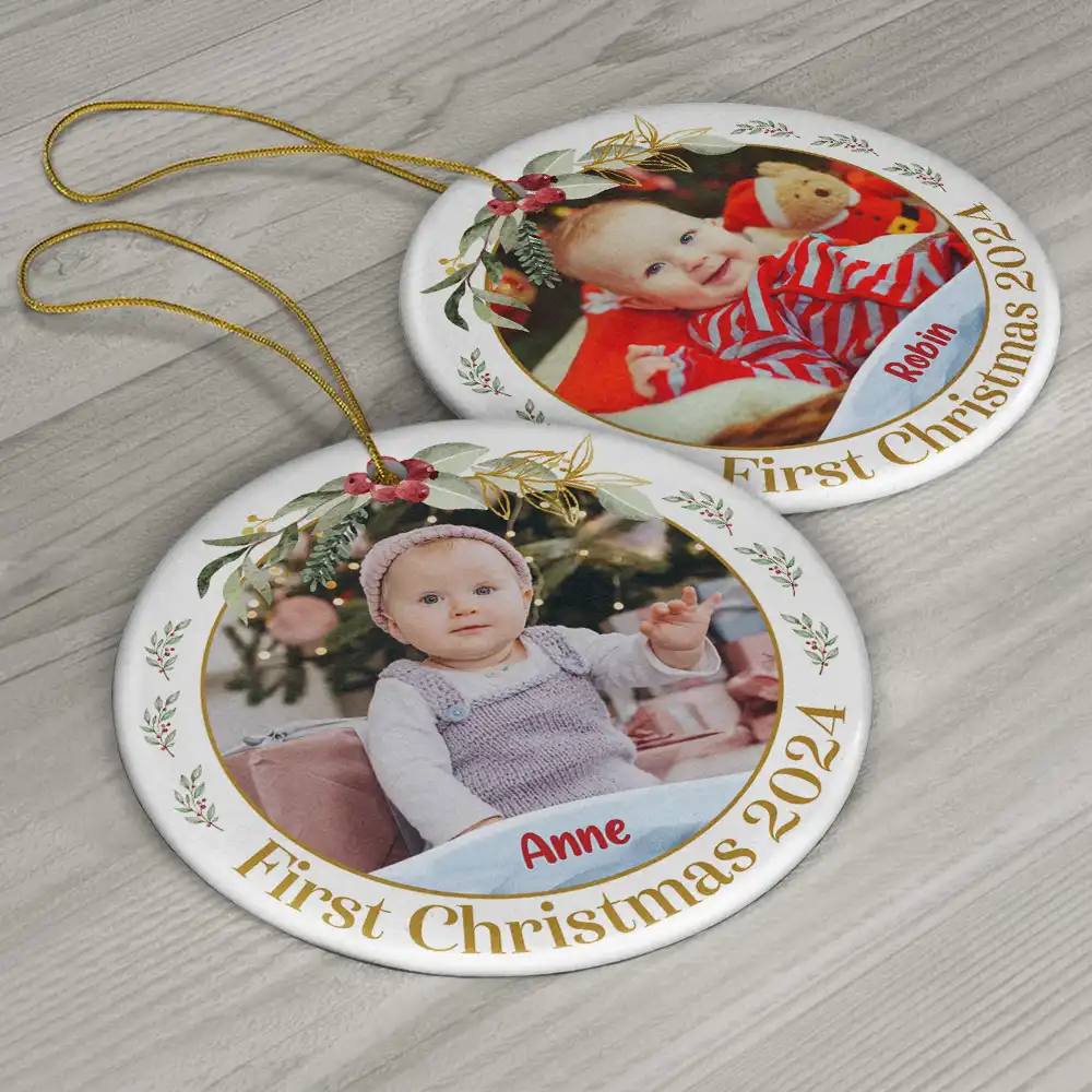 Custom Photo Baby's First Christmas - Personalized Circle Ceramic Ornament - Image 6