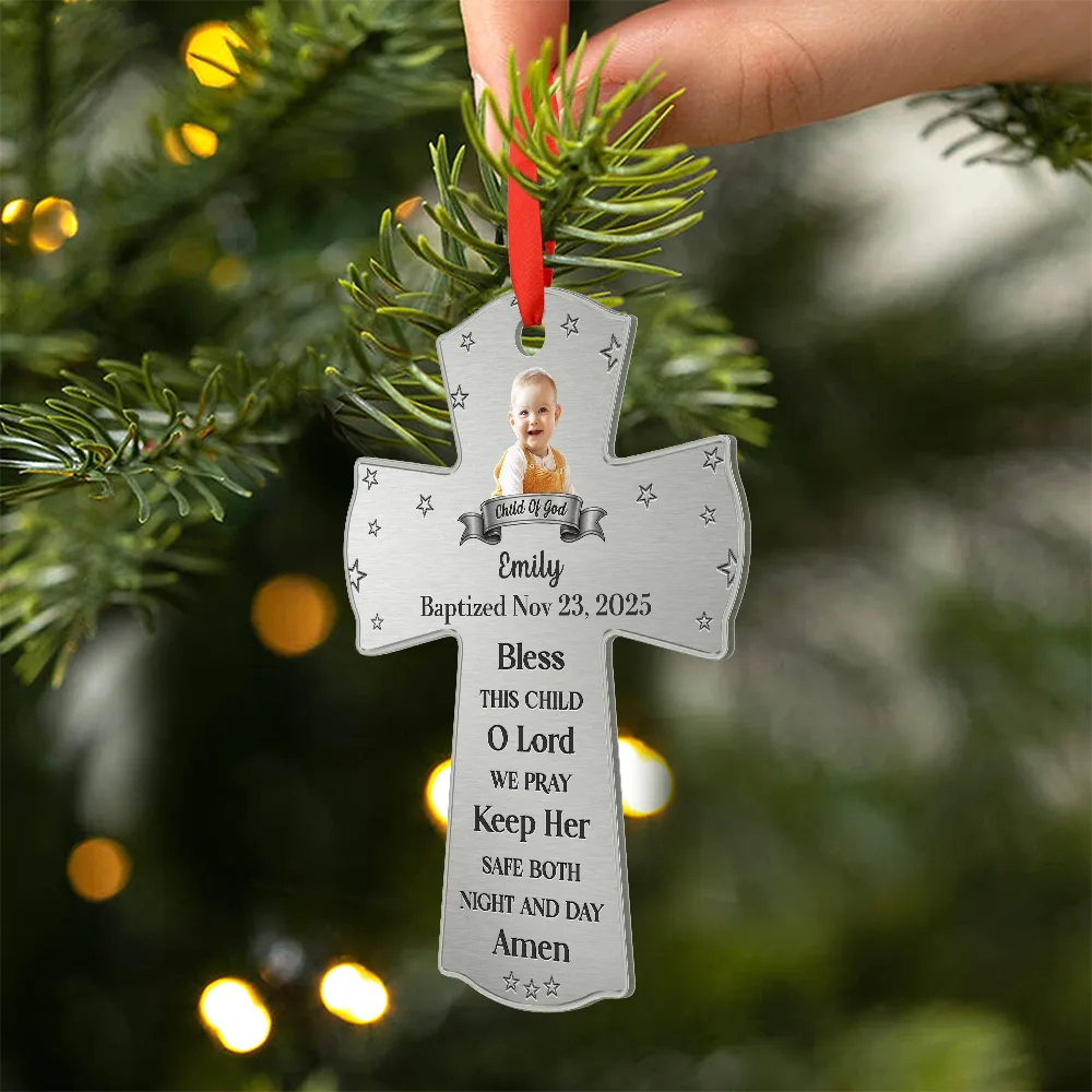Custom Photo Baptism Cross God Bless This Child - Personalized Metal Ornament - Image 3