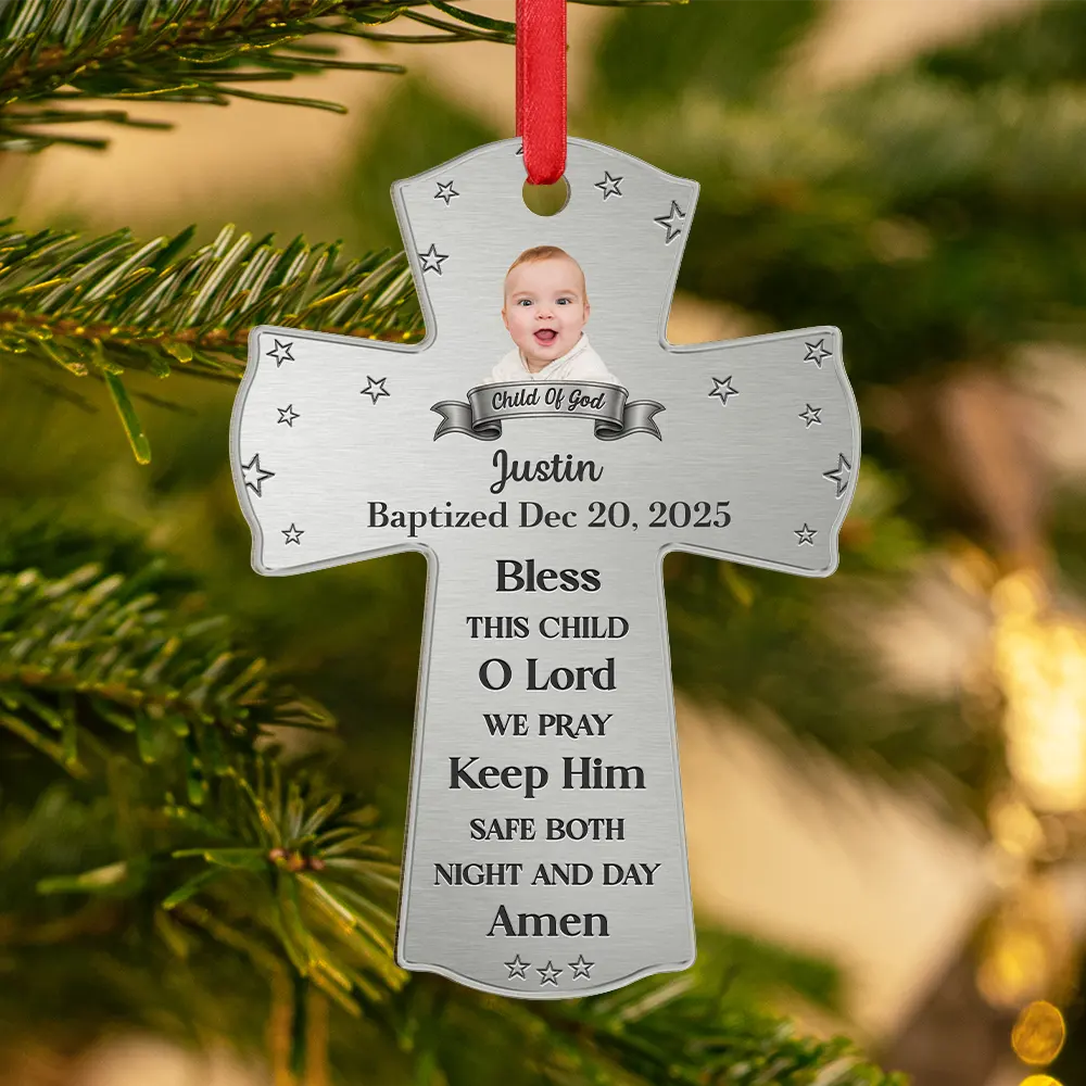 Custom Photo Baptism Cross God Bless This Child - Personalized Metal Ornament - Image 4