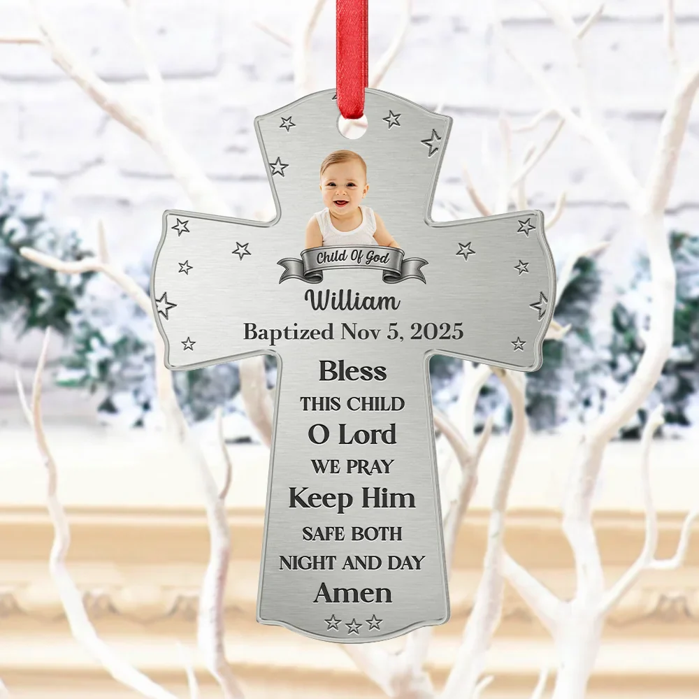 Custom Photo Baptism Cross God Bless This Child - Personalized Metal Ornament - Image 5