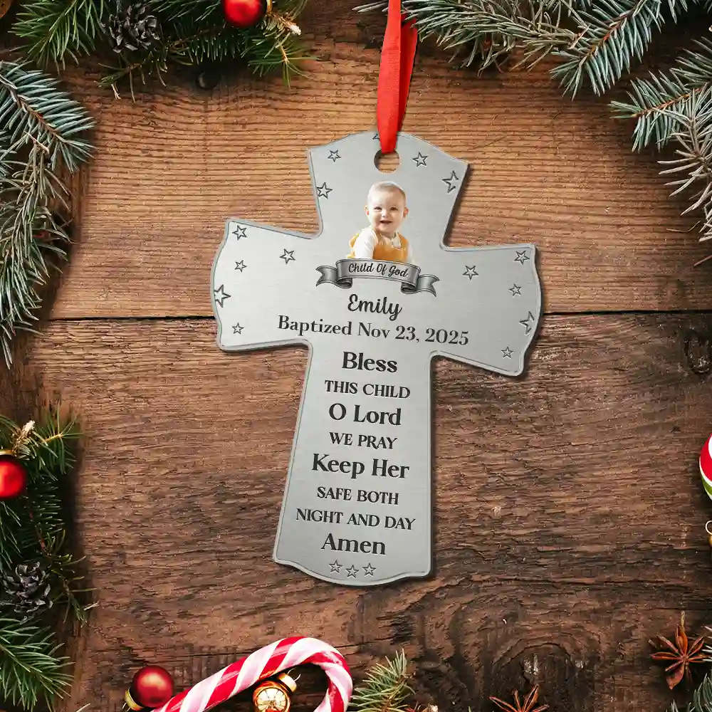 Custom Photo Baptism Cross God Bless This Child - Personalized Metal Ornament - Image 6