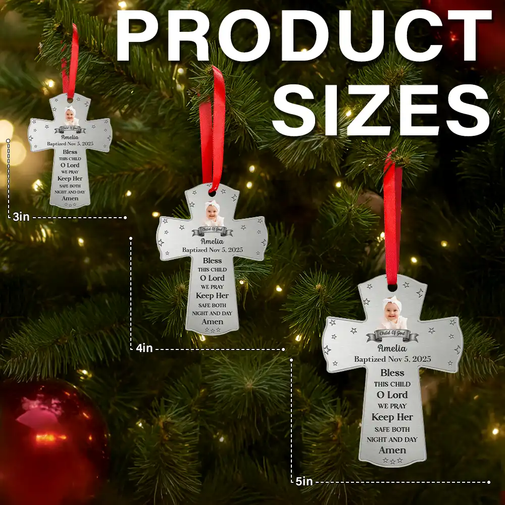 Custom Photo Baptism Cross God Bless This Child - Personalized Metal Ornament - Image 7