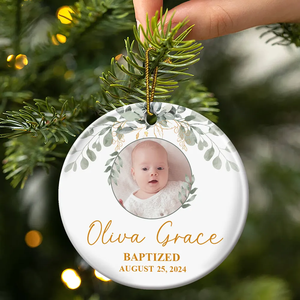 Custom Photo Baptized Baby - Personalized Circle Ceramic Ornament - Image 3