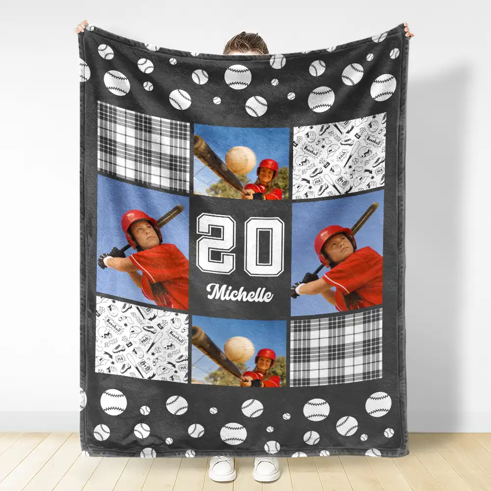 Custom Photo Baseball Pattern - Personalized Fleece Blanket, Sherpa Blanket - Image 3