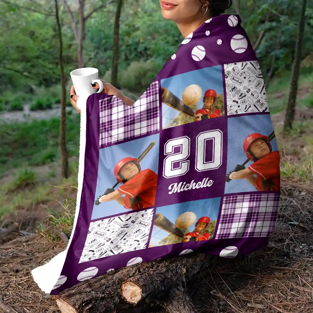 Custom Photo Baseball Pattern - Personalized Fleece Blanket, Sherpa Blanket - Image 5