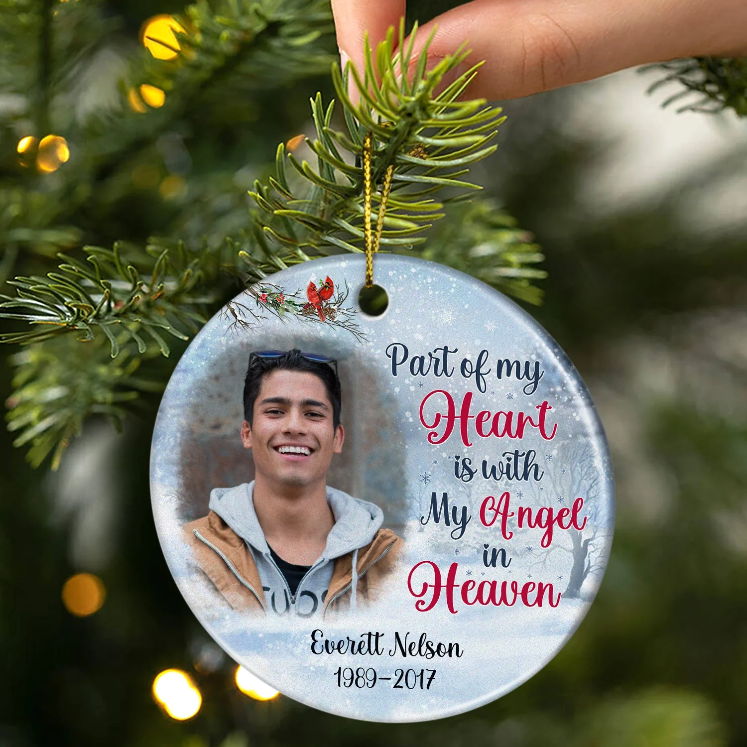 Custom Photo Because Someone We Love Is In Heaven Christmas - Memorial Gift For Family - Personalized Custom Circle Ceramic Ornament - Image 2