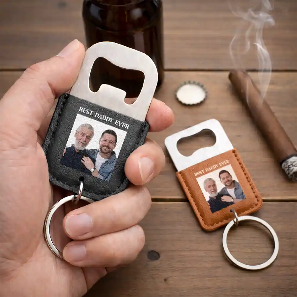 Custom Photo Best Dad Daddy Father Ever - Personalized Leather Bottle Opener Keychain - Image 2