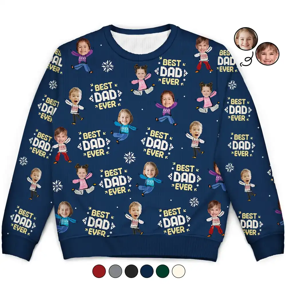 Custom Photo Best Dad Ever Funny Kids Christmas - Personalized Unisex Ugly Sweater - Image 2