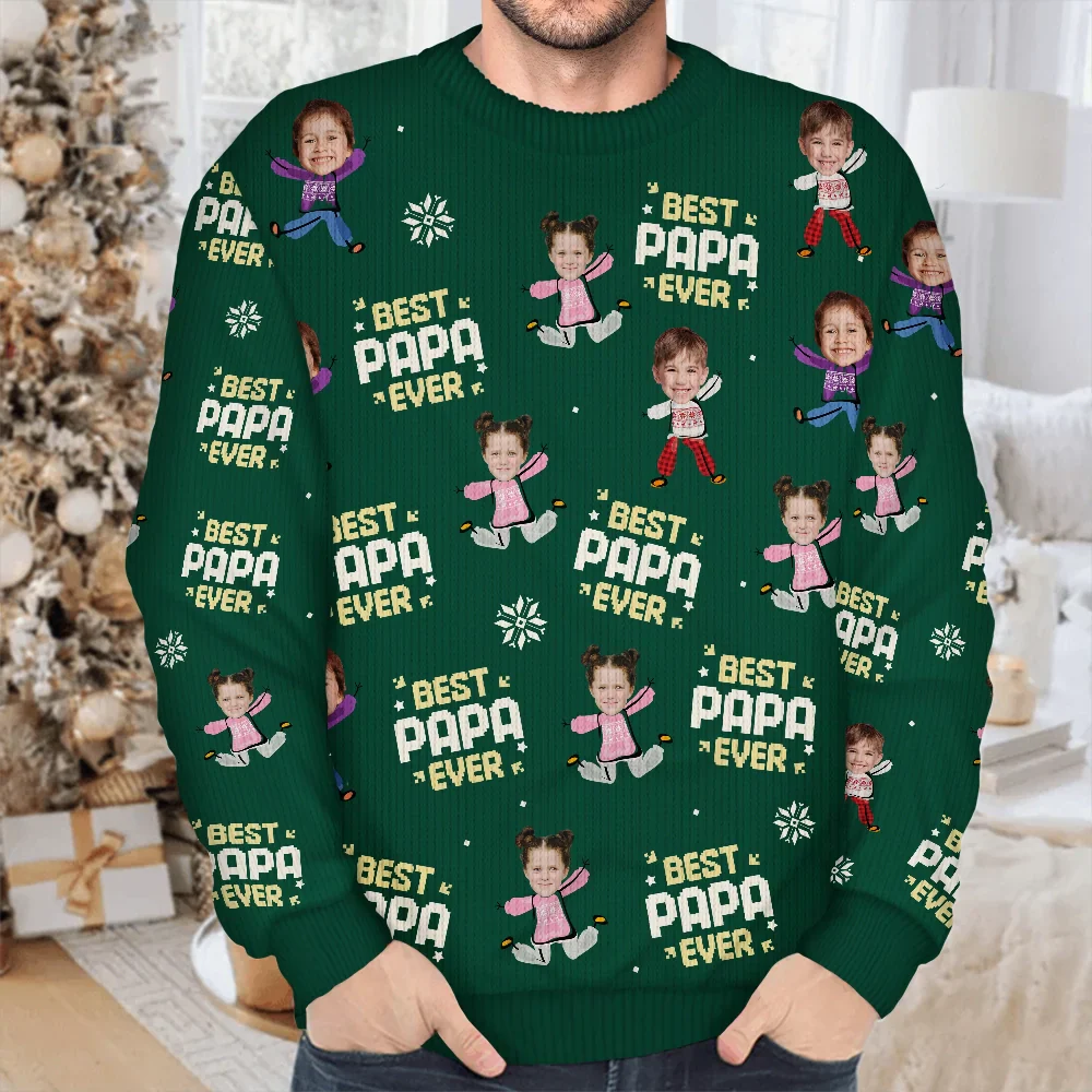 Custom Photo Best Dad Ever Funny Kids Christmas - Personalized Unisex Ugly Sweater - Image 6