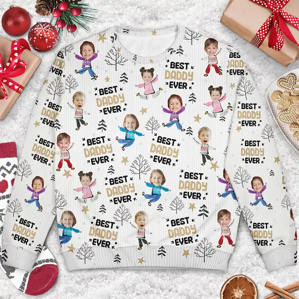 Custom Photo Best Dad Ever Funny Kids Christmas Tree - Personalized Unisex Ugly Sweater - Image 4