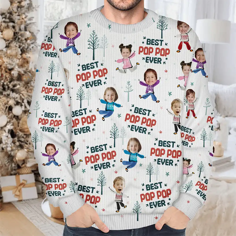 Custom Photo Best Dad Ever Funny Kids Christmas Tree - Personalized Unisex Ugly Sweater - Image 5