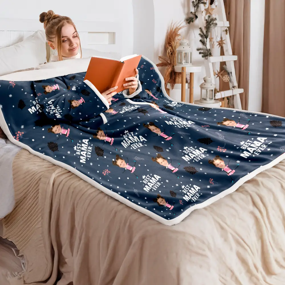 Custom Photo Best Dad Grandpa Mom Grandma Ever - Personalized Wearable Blanket With Sleeves - Image 2