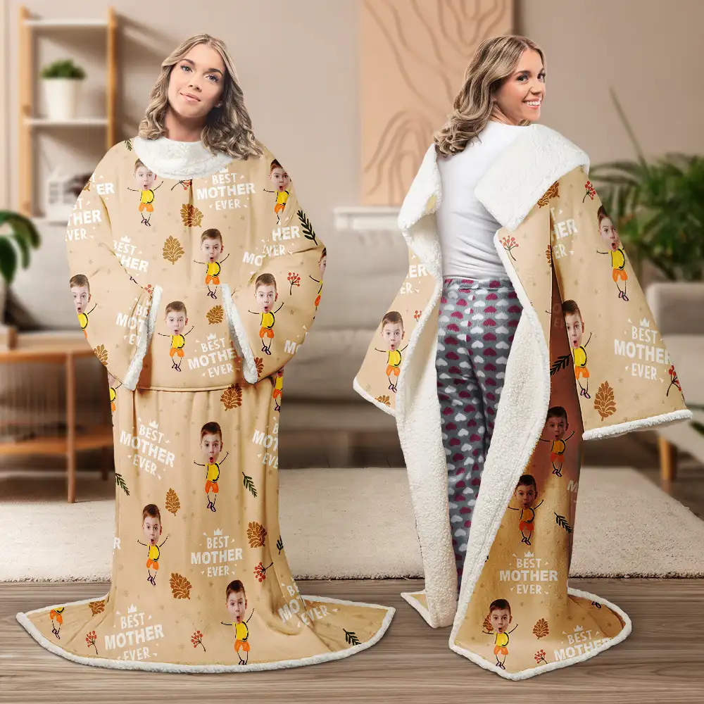 Custom Photo Best Dad Grandpa Mom Grandma Ever - Personalized Wearable Blanket With Sleeves - Image 5