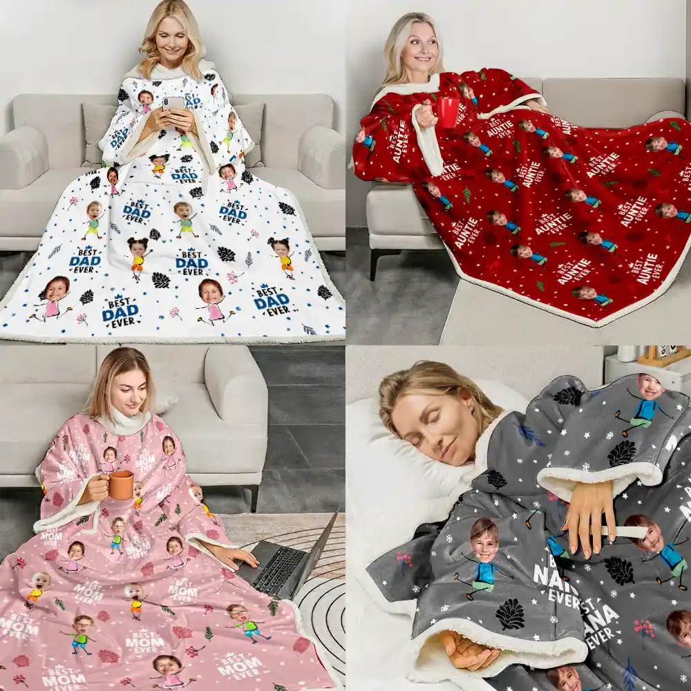 Custom Photo Best Dad Grandpa Mom Grandma Ever - Personalized Wearable Blanket With Sleeves - Image 6