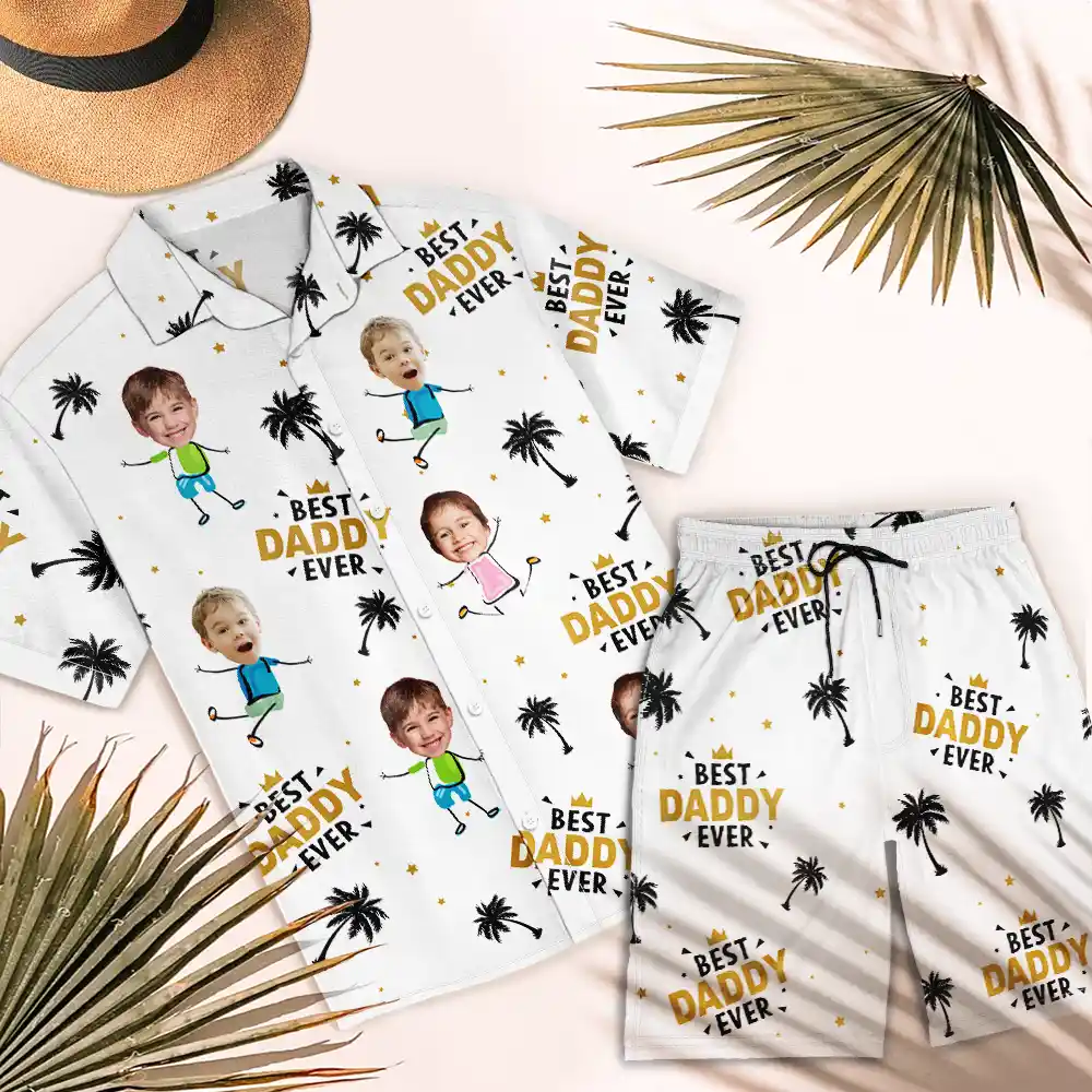 Custom Photo Best Dad Papa Ever Coconut Palm - Personalized Hawaii Set Shirt And Shorts - Image 4