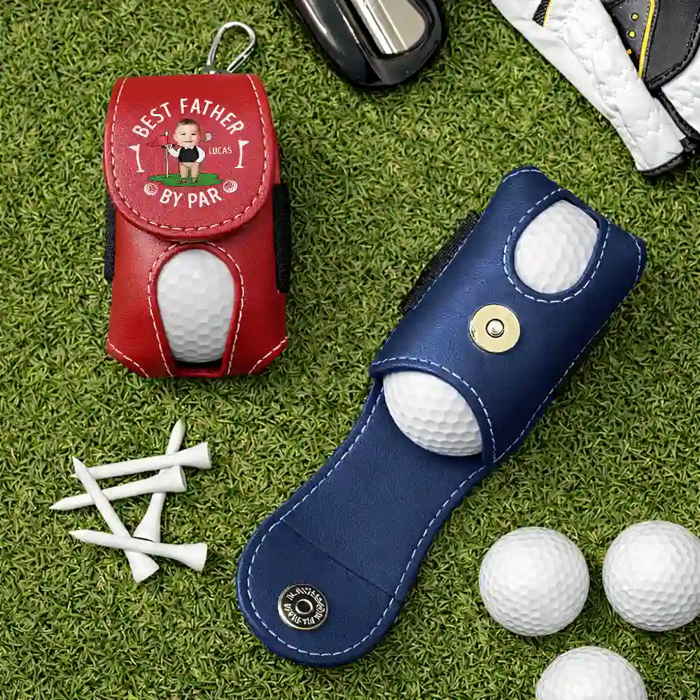 Custom Photo Best Daddy By Par Funny Kid - Personalized Leather Golf Ball Holder - Image 6