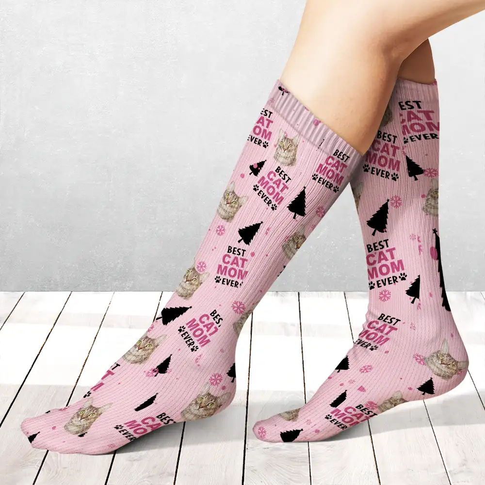 Custom Photo Best Dog Cat Dad Mom Ever Christmas - Personalized Socks - Image 3