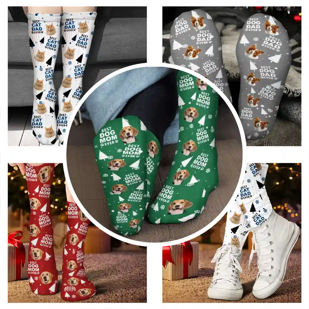 Custom Photo Best Dog Cat Dad Mom Ever Christmas - Personalized Socks - Image 5